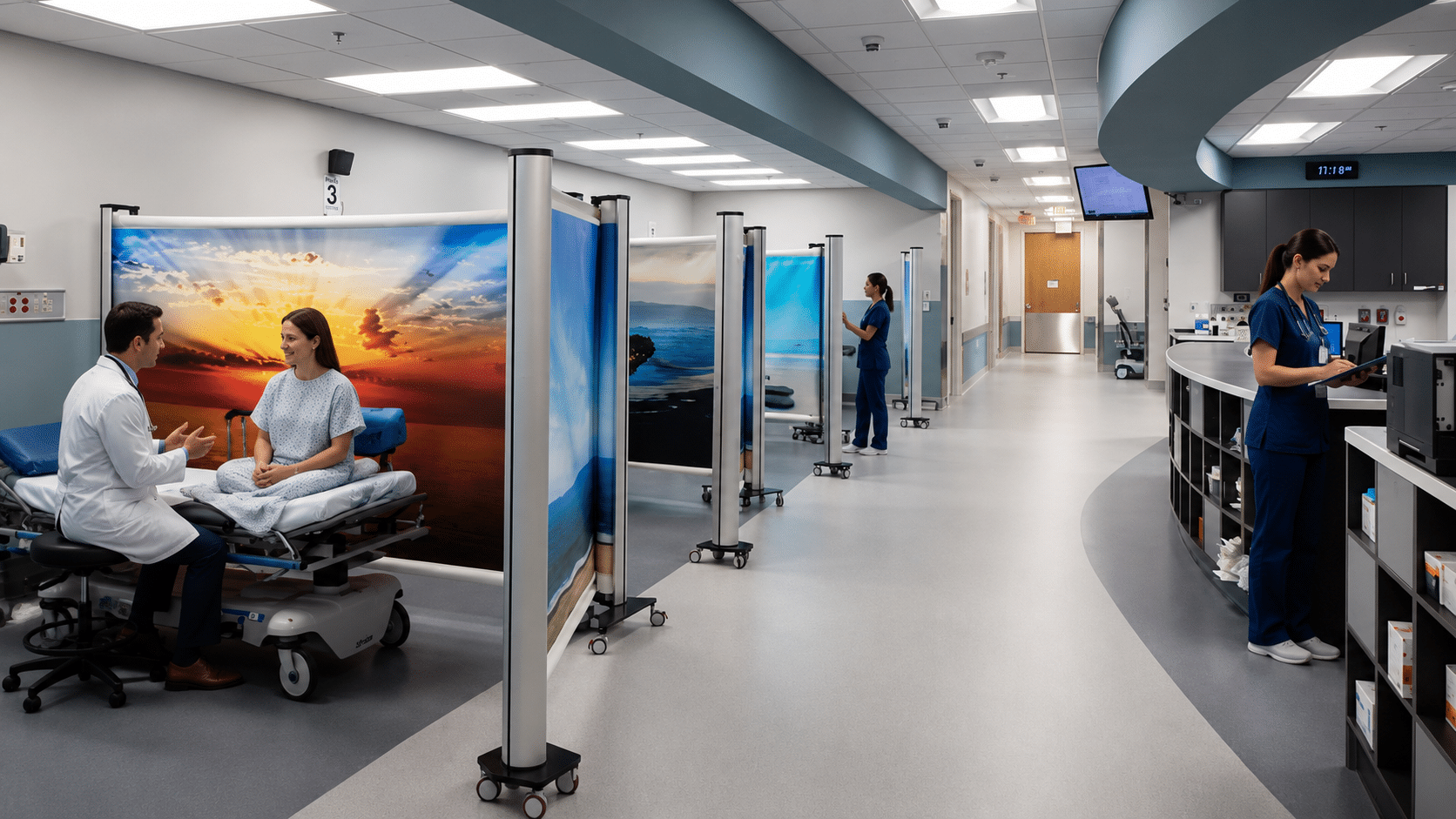 Rolascreen retractable medical partition deployed in a hospital bay providing patient privacy