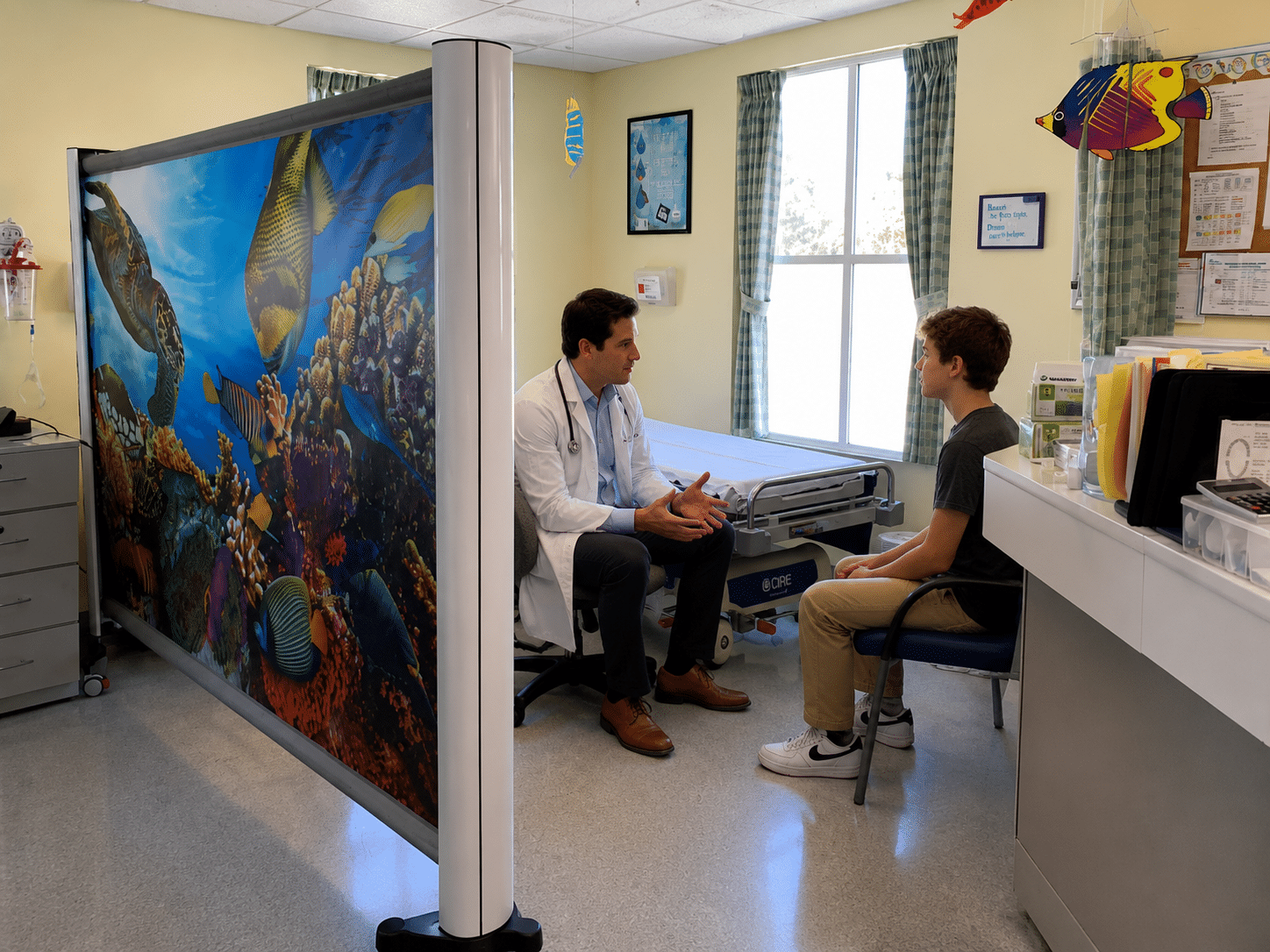 Rolascreen retractable partition creating a private consultation space in a clinical environment