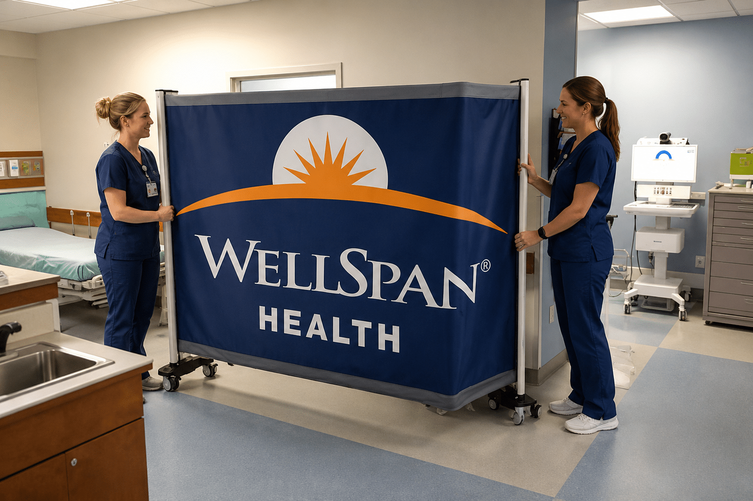 Rolascreen portable privacy screen with custom WellSpan Health branding deployed in a clinical setting