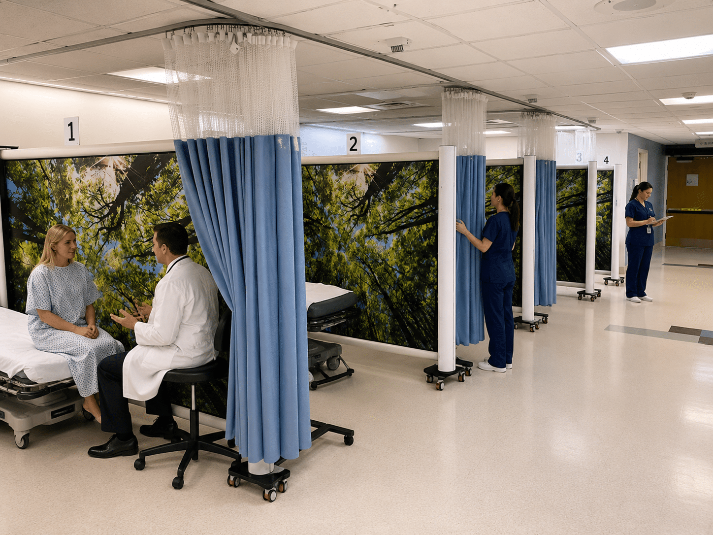 Rolascreen retractable screens with nature artwork deployed between hospital bays